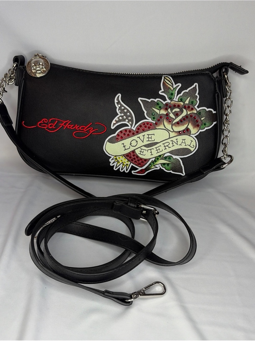 Ed Hardy Black Crossbody with 'Love Eternal' Tattoo Rose Motif